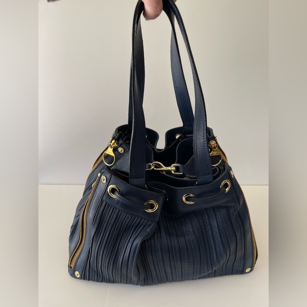 Mulberry Rare Pleated Poppy Navy Blue Leather Expandable Satchel Shoulder Bag